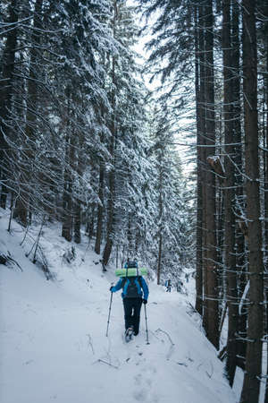 A man riding skis down a snow covered slopeの写真素材