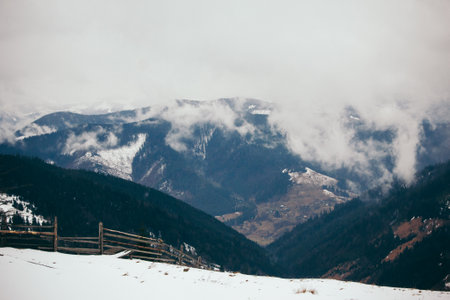 A view of a snow covered mountainの写真素材