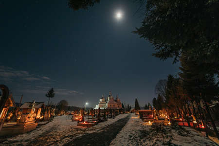 A train on the tracks at nightの写真素材