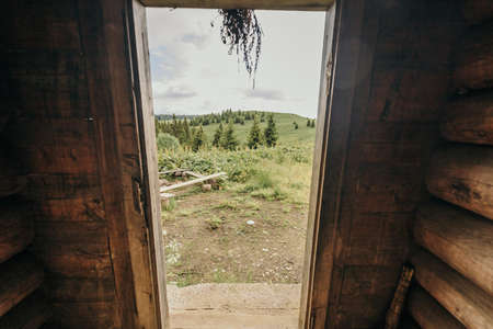 A view from the top of a wooden doorの写真素材