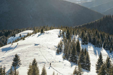 A man riding a snowboard down a snow covered mountainの写真素材