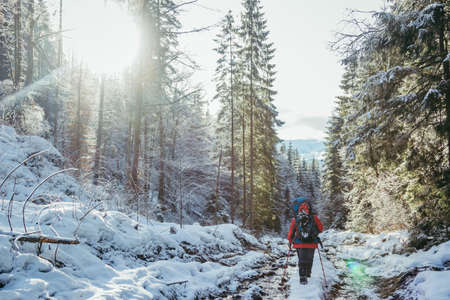 A man is cross country skiing on a snow covered slopeの写真素材