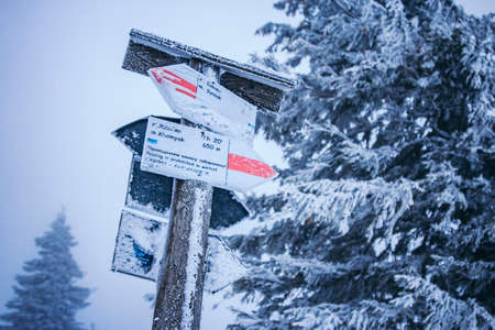 A sign above a snow covered slopeの写真素材