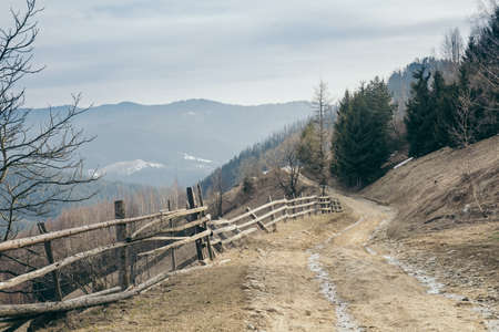A train is on the side of a mountainの写真素材
