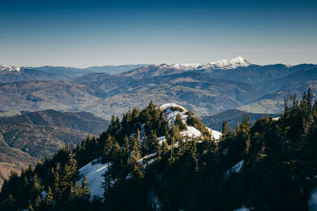 Winter mountains remnants of snow, spring, coniferous forestの写真素材