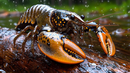 Live crayfish on a log in the rain close-upの素材