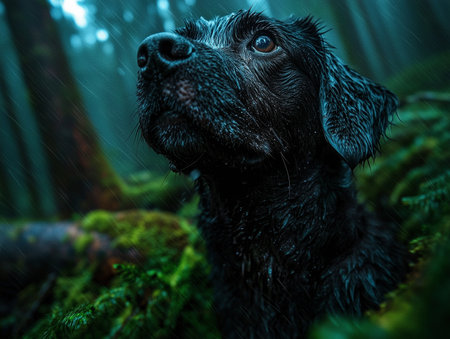 Black labrador retriever dog in the forest with rain drops.の素材