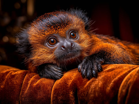 Portrait of a Golden-headed Tamarin (Saguinus sulphureus) on a sofaの素材
