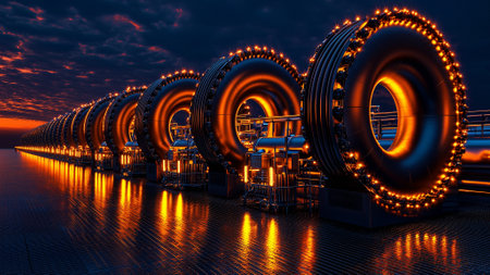 Industrial zone. Steel pipelines and equipment at sunset. 3D renderingの素材