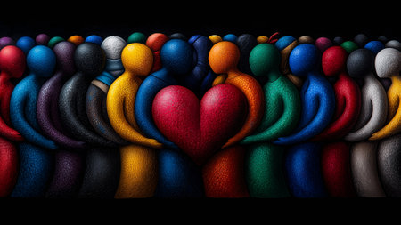 Group of people with heart shapes on black background. 3D illustration.の素材
