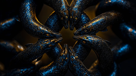 Close-up of a black snake in the form of a circleの素材