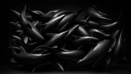 3d render of a group of sharks on a black background.の素材