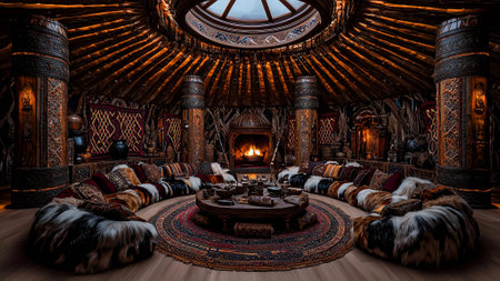 Interior of a traditional nomadic house in Mongolia. 3D renderingの素材