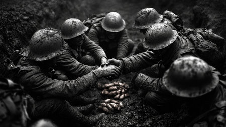 War concept. Military silhouettes fighting scene on war fog sky background, World War Soldiers Silhouettes Below Cloudy Skyline At night. attack scene. armored vehicles.の素材