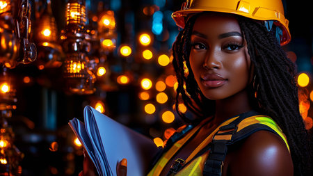 Beautiful african american woman construction worker in yellow safety helmet.の素材
