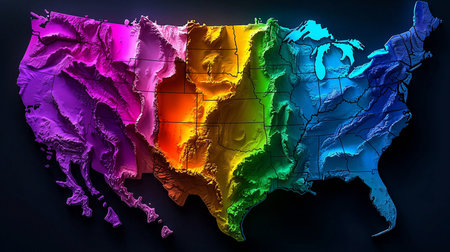 Colorful map of USA on dark background. 3D rendering.の素材