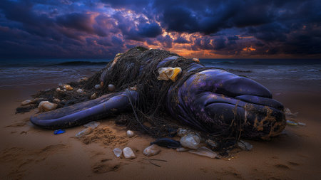 Dead whale washed up on the beach at sunset, 3d renderの素材