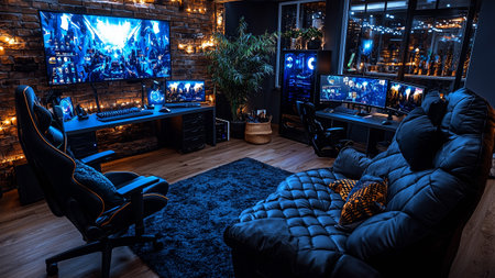 Luxury living room with a large black sofa and a TV setの素材
