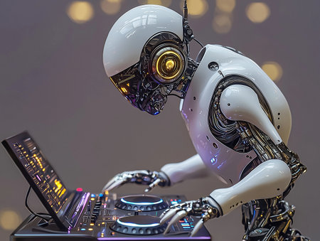 Robot playing music on dj's turntable in night clubの素材