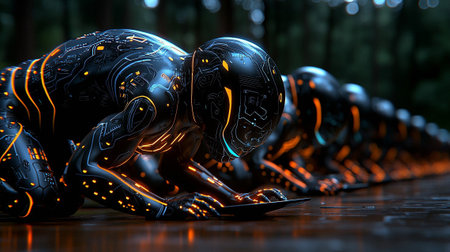 3D rendering of a female robot sitting in a row with neon lightsの素材