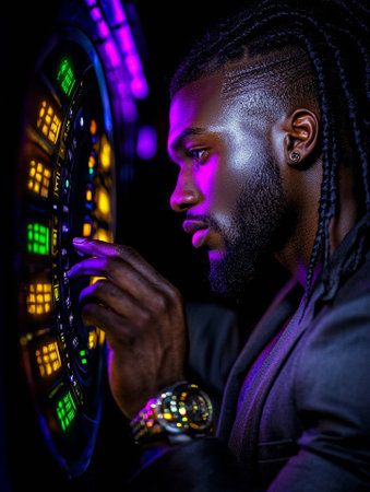 Portrait of African American man playing slot machine in nightclubの素材