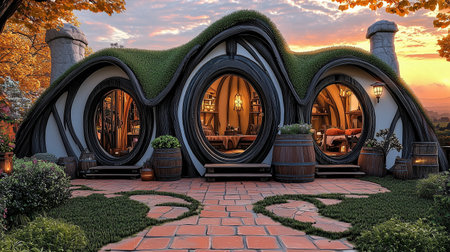 3D rendering of a fantasy house in the garden at sunset.の素材