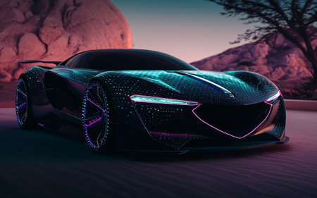 3D rendering of a brand-less generic concept car in the desertの素材