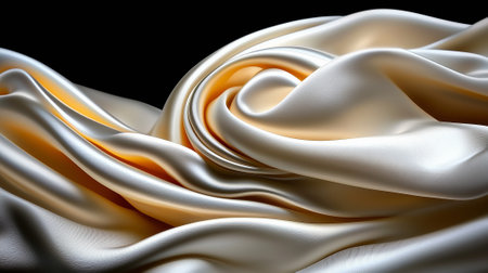 Closeup of rippled white satin fabric on black backgroundの素材