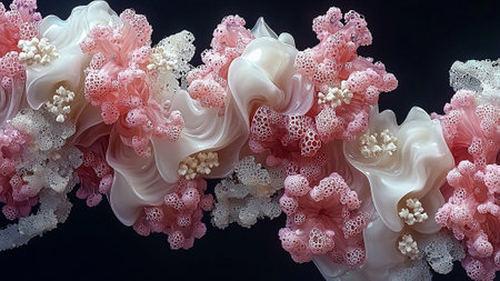 Close up of beautiful natural pink and white flowers made of fabric.の素材
