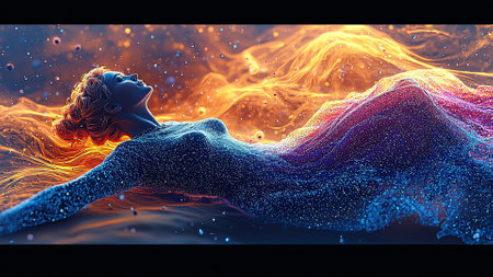 3D rendering of a beautiful woman in a futuristic space. Futuristic background.の素材