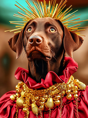 Portrait of a chocolate dog wearing a red dress and a golden crown.の素材