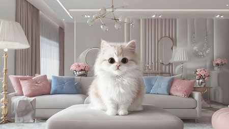 Cute persian cat sitting on sofa in living room. 3d renderingの素材