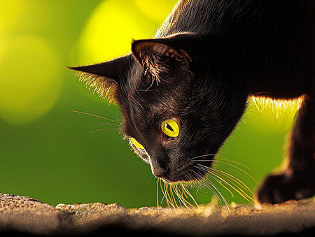 Black cat with yellow eyes on a background of green nature. Close-upの素材