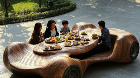 Group of people having lunch in the garden. Top view. 3d rendering.の素材