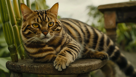 Close up of bengal cat sitting on a wooden chair.の素材