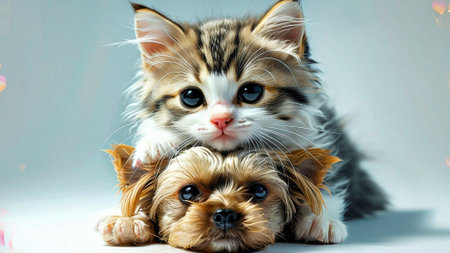 Cute little kitten and yorkshire terrier puppy on white backgroundの素材