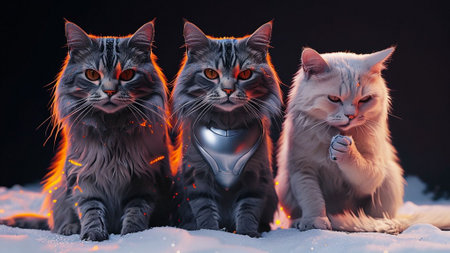 Three cats sitting in the snow on a black background with a heartの素材