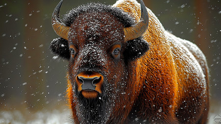 Bison in the winter forest. 3D illustration. Digital painting.の素材