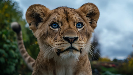 Portrait of a lioness with blue eyes, close-upの素材