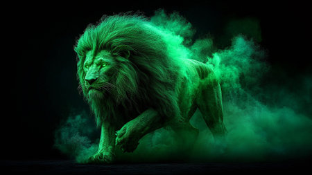 Lion with green smoke on a black background, 3d renderingの素材