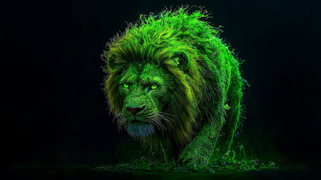 Lion with green hair on a black background. 3d renderingの素材