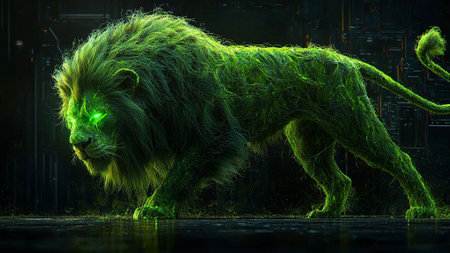 3D rendering of a lion in green light on a dark backgroundの素材