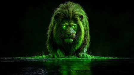 Lion with green light on black background. 3d rendering.の素材