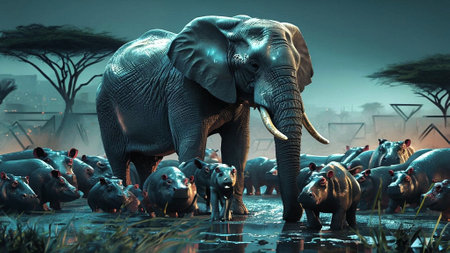 Elephants and hippos in the swamp. 3D renderingの素材