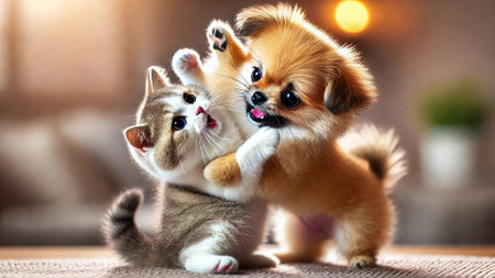 Cute little dog and cat playing together on the sofa at homeの素材