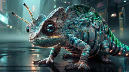 3D rendering of a fantasy chameleon in the city at nightの素材