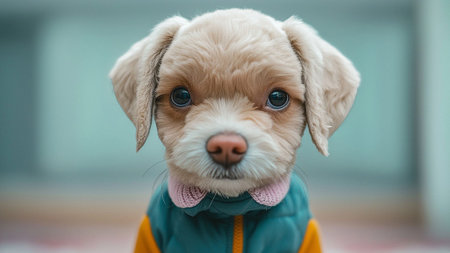 Cute puppy with blue eyes in a yellow jacket and bow tieの素材