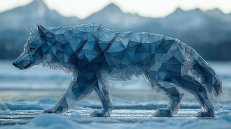 Polygonal bear on the snow. 3d render illustration.の素材