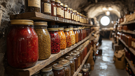 Jars with different kinds of spices and herbs in a cellar.の素材