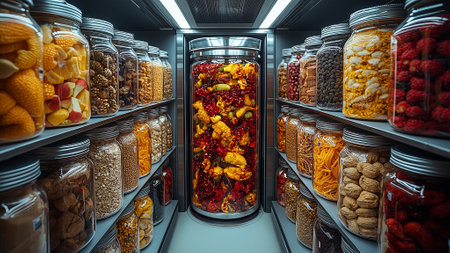 Glass jars with dried fruits and nuts on shelves in supermarket. 3d renderingの素材